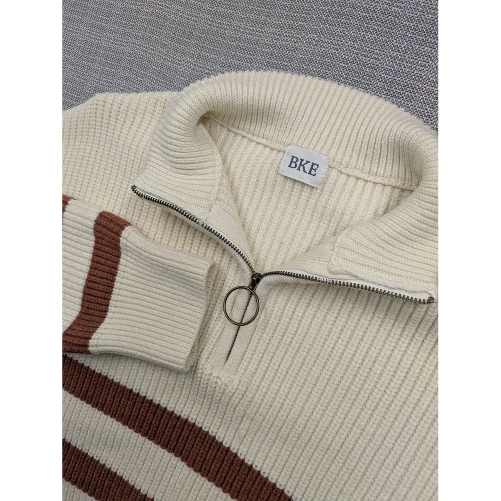 BKE Mens Large Striped Quarter Zip Ribbed Sweater Cream Brown Ring Pull 4504